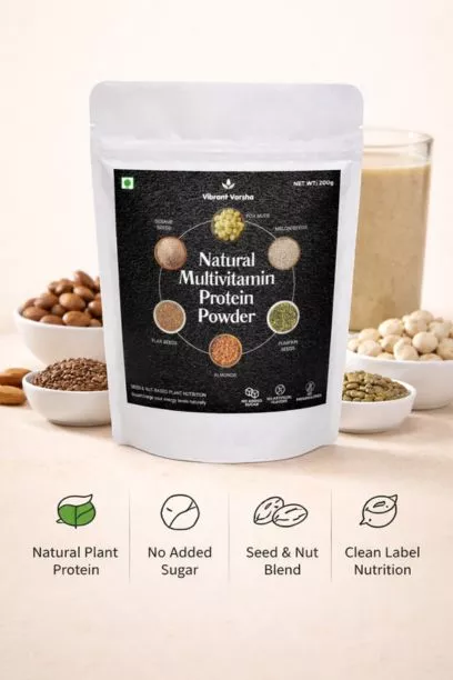 Plant Based Protein Powder | Natural Multivitamin Blend | Vibrant Varsha 4 - VIBRANT VARSHA Natural multivitamin protein powder made with almonds, flax seeds, pumpkin seeds and makhana in a clean plant-based formulation