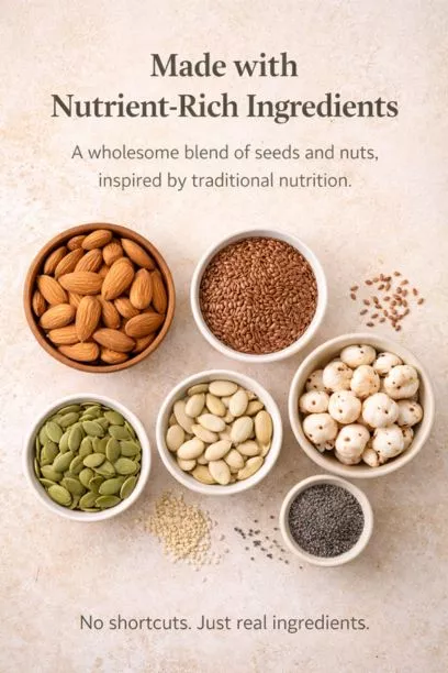 Plant Based Protein Powder | Natural Multivitamin Blend | Vibrant Varsha 12 - VIBRANT VARSHA Natural ingredients used in protein powder including almonds, flax seeds, pumpkin seeds, melon seeds and makhana displayed in a clean flat lay