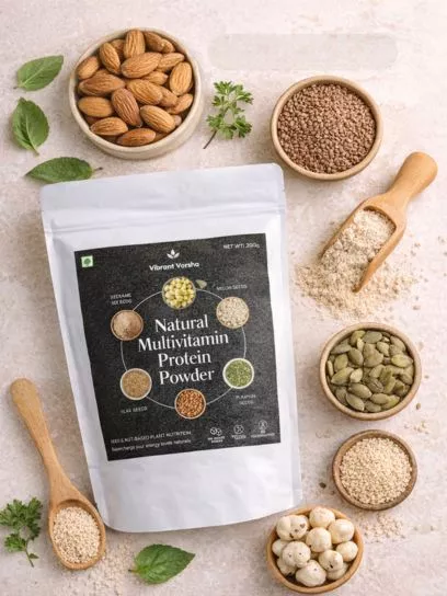 Plant Based Protein Powder | Natural Multivitamin Blend | Vibrant Varsha 22 - VIBRANT VARSHA Natural multivitamin protein powder with almonds, flax seeds, pumpkin seeds and makhana highlighting clean label promise with no added sugar and no preservatives
