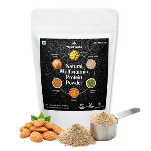Plant based protein powder pouch made from seeds and nuts by Vibrant Varsha