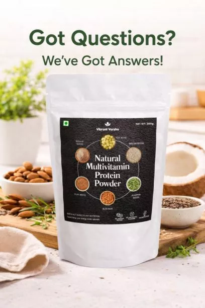 Plant Based Protein Powder | Natural Multivitamin Blend | Vibrant Varsha 27 - VIBRANT VARSHA Natural Multivitamin Plant Based Protein Powder pouch with almonds, seeds and coconut in a clean kitchen setting – Vibrant Varsha