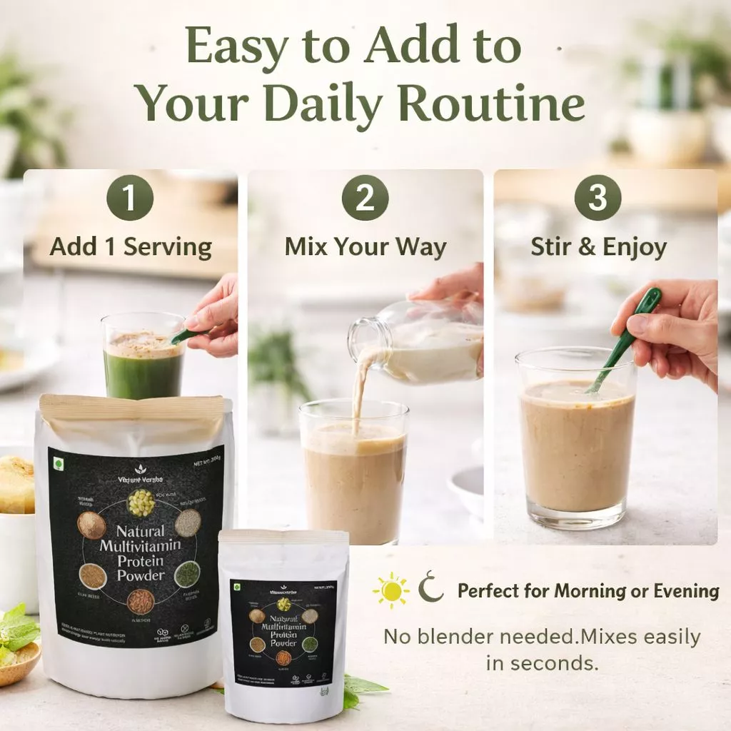 Plant Based Protein Powder | Natural Multivitamin Blend | Vibrant Varsha 19 - VIBRANT VARSHA Step-by-step guide showing how to use plant-based protein powder by adding one serving, mixing with liquid and enjoying daily